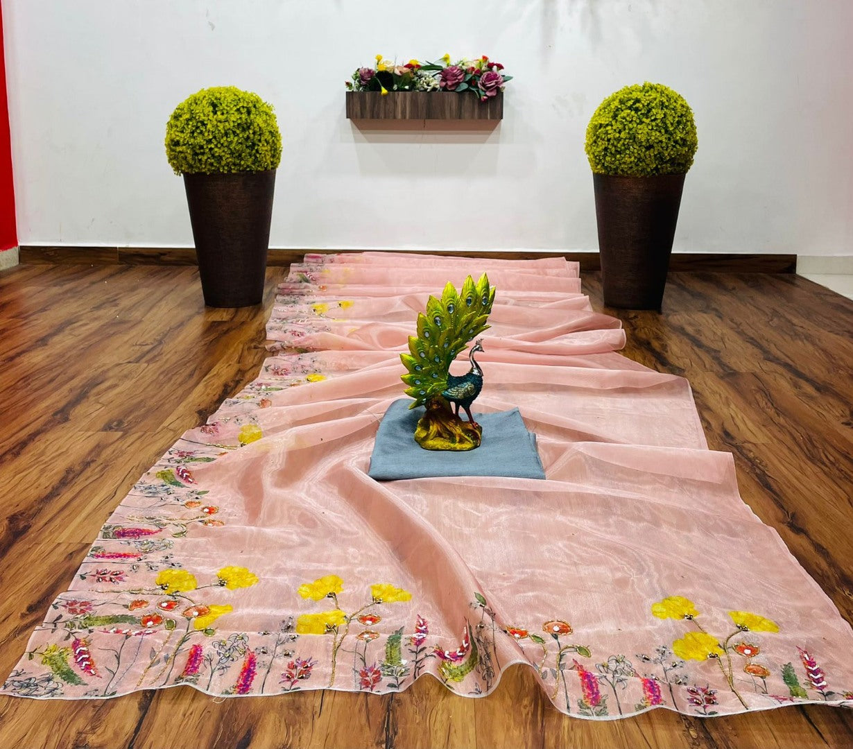 Peach organza print and hand worked saree