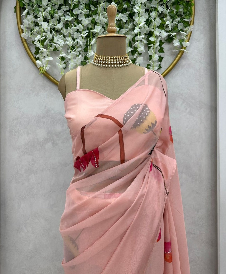 Peach organza print and handwork ready to wear saree
