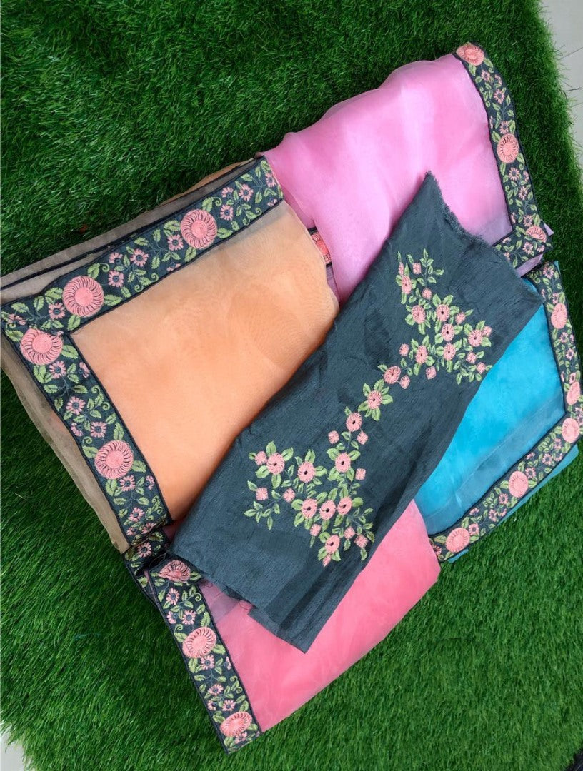 Peach orgenza net embroidered party wear saree