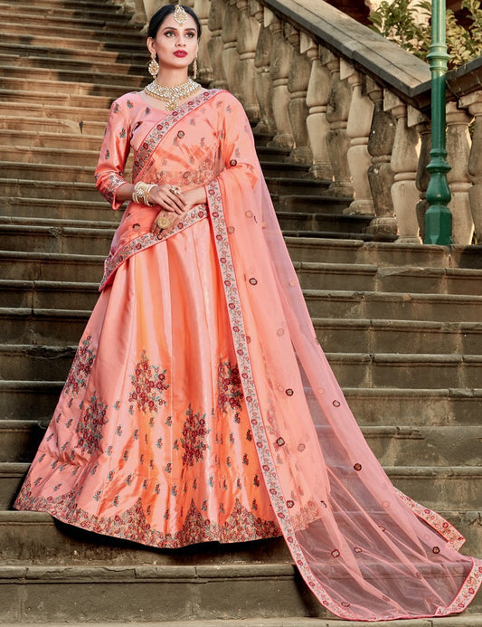 Peach pure satin resham embroidered wedding lehenga