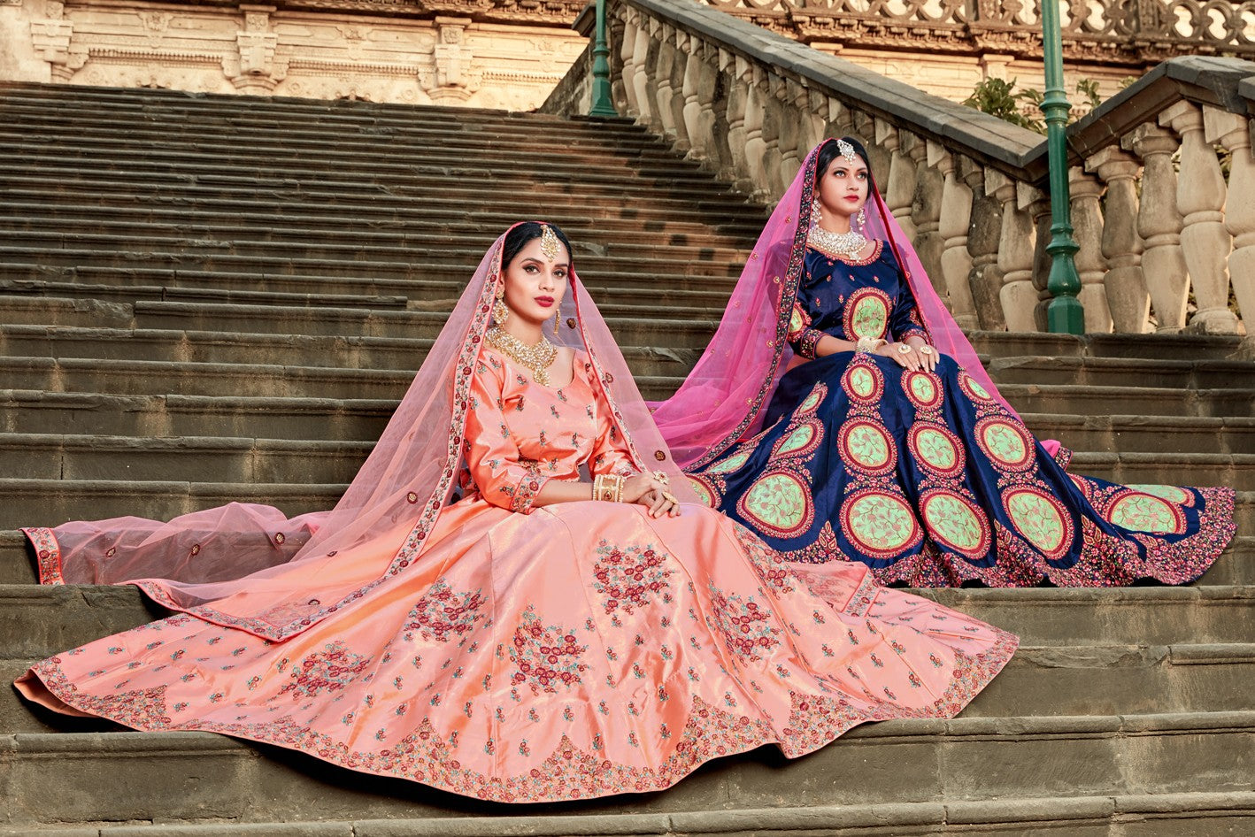 Peach pure satin resham embroidered wedding lehenga