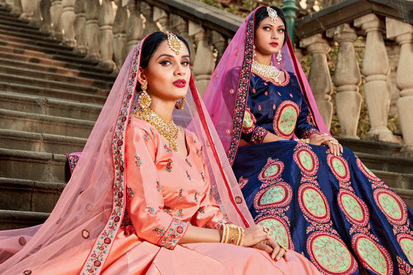 Peach pure satin resham embroidered wedding lehenga