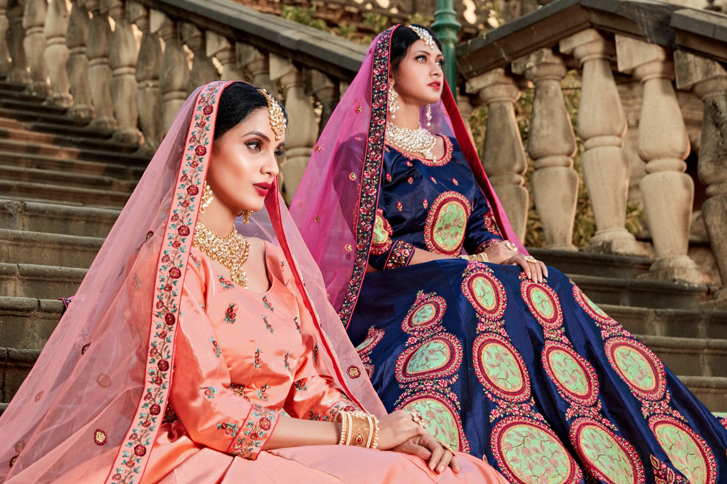 Peach pure satin resham embroidered wedding lehenga