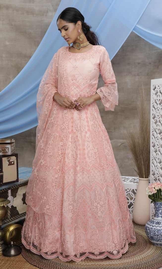 Peach santoon embroidered party wear lehenga gown