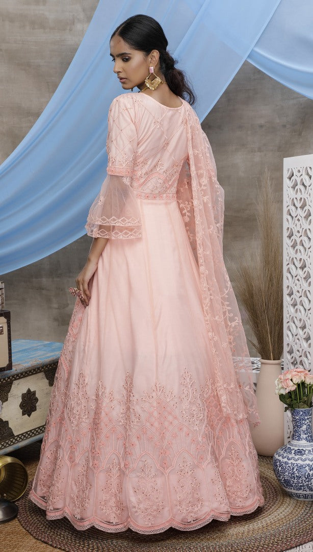 Peach santoon embroidered party wear lehenga gown