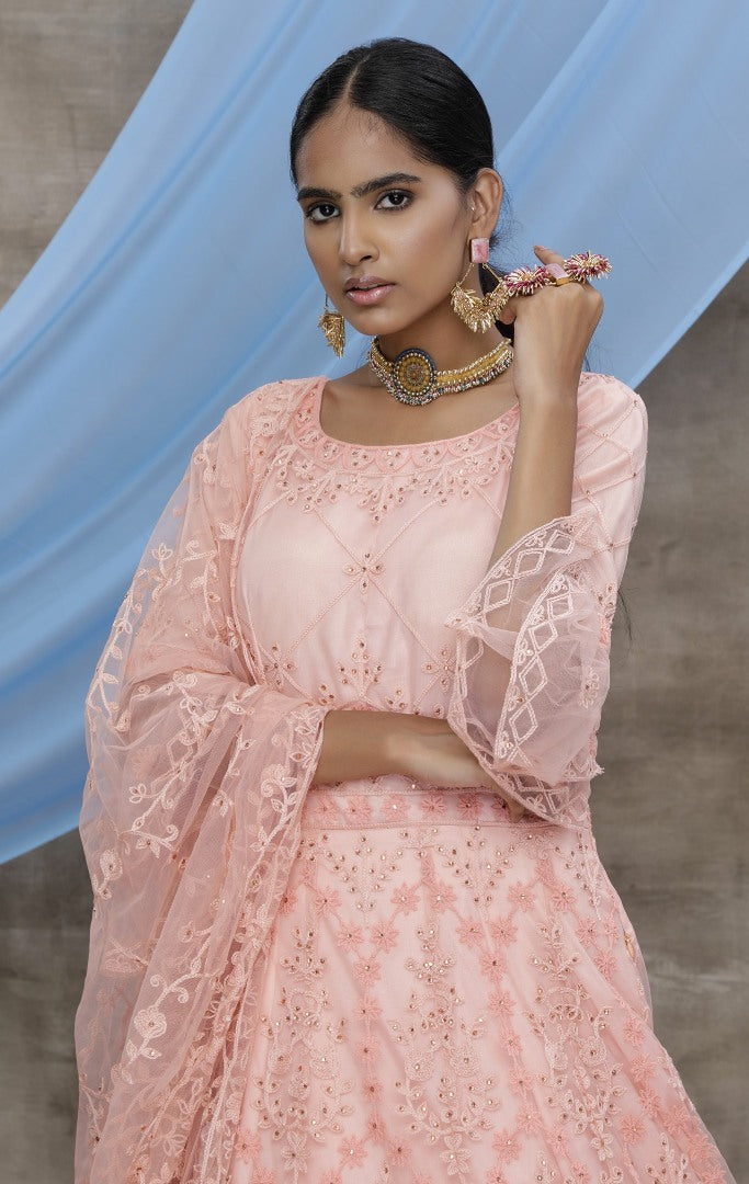 Peach santoon embroidered party wear lehenga gown