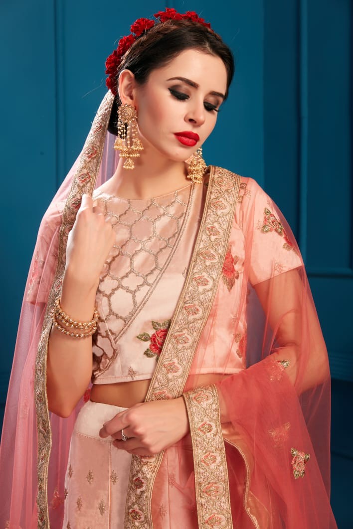 peach satin silk beautiful embroidered wedding lehenga