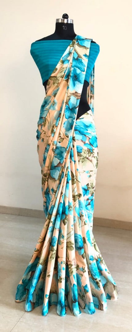 peach silk crape sky blue floral printed casual wear saree