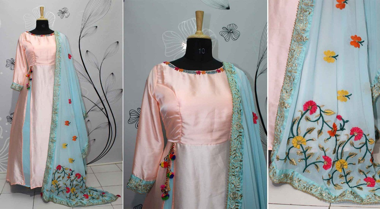 peach silky silk embroidered partywear gown