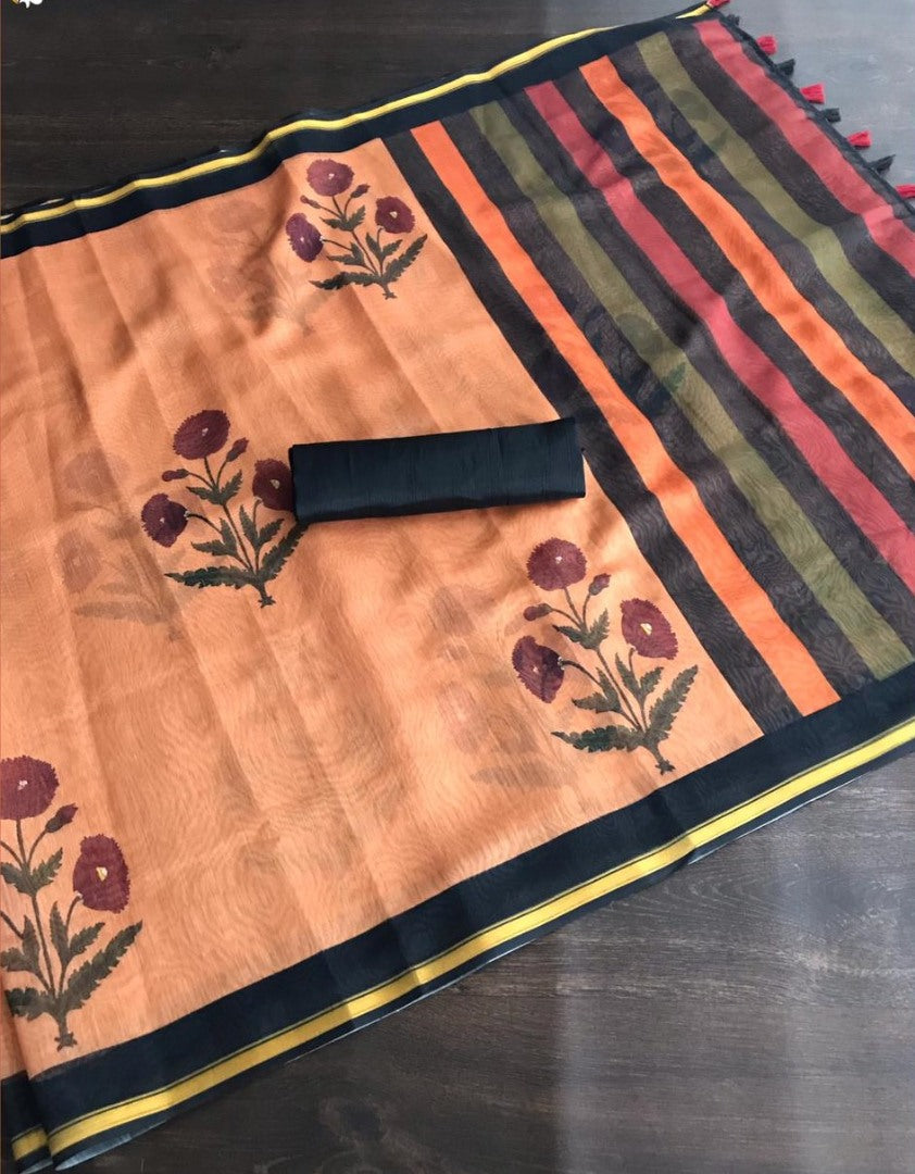 Peach soft chanderi digital printed zari border work saree