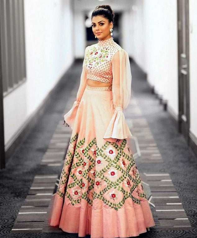 Peach tapeta silk embroidered ceremonial lehenga
