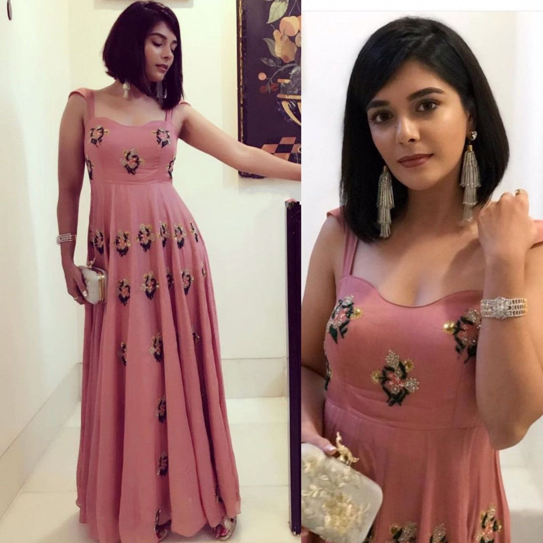 peach tapeta silk thread embroidered and stone work partywear gown