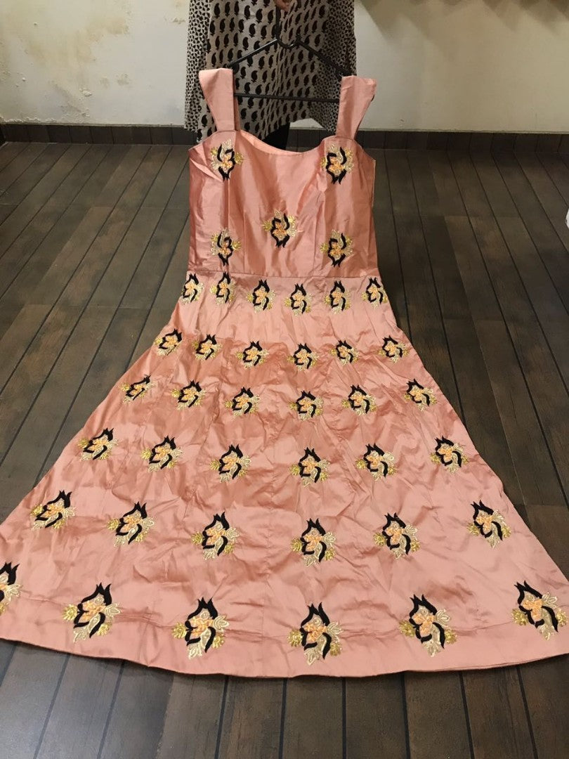 peach tapeta silk thread embroidered and stone work partywear gown