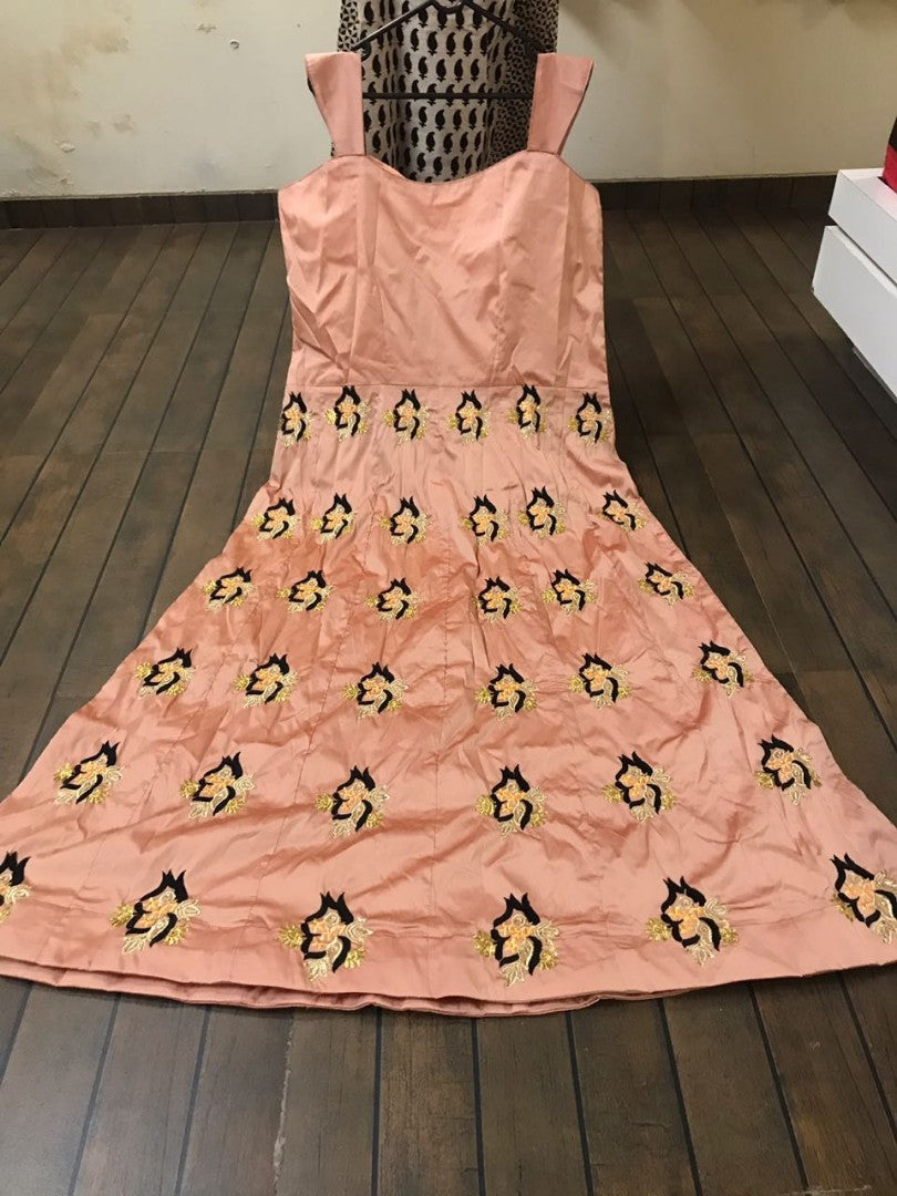 peach tapeta silk thread embroidered and stone work partywear gown