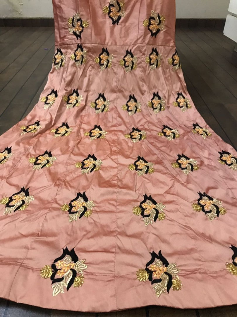 peach tapeta silk thread embroidered and stone work partywear gown