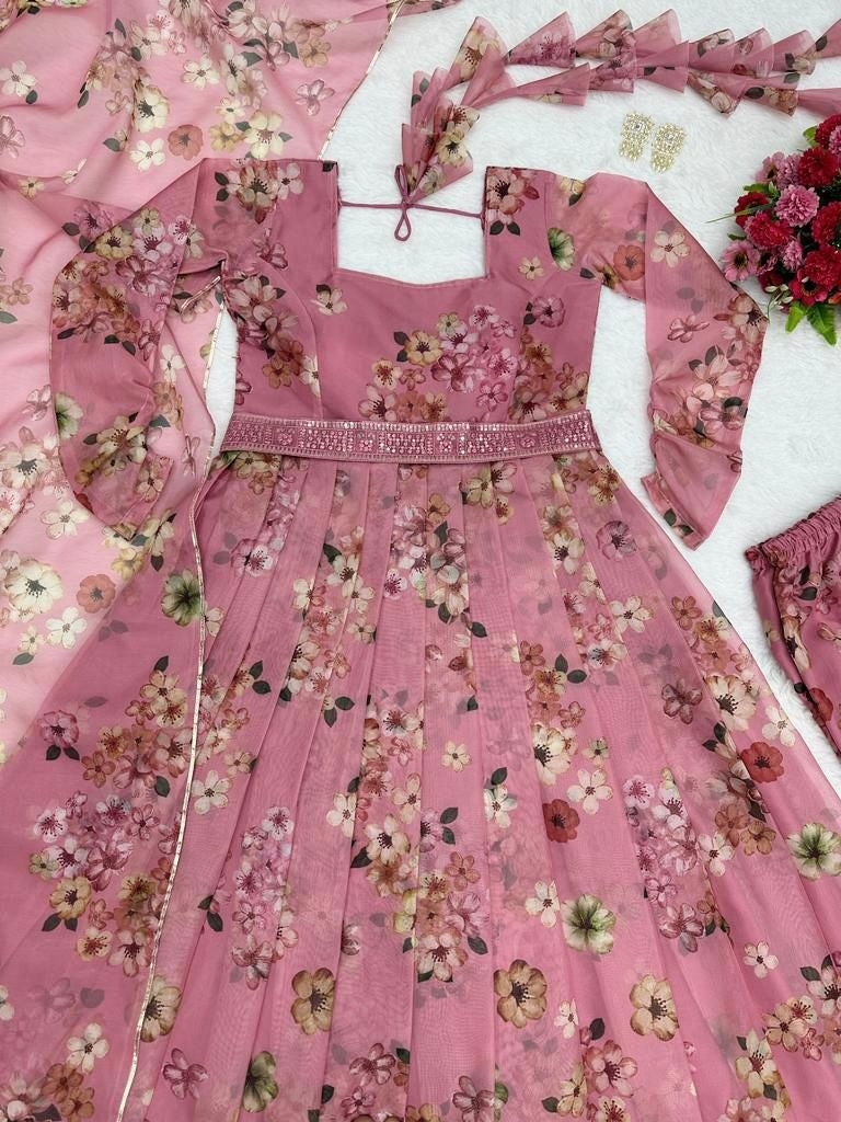 Peach tibby silk floral printed gown with belt and dupatta