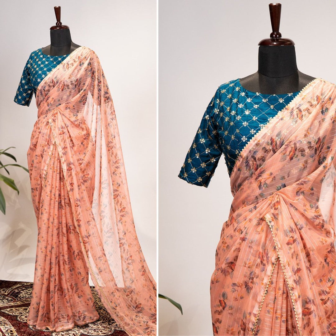 Peach zari chiffon printed saree