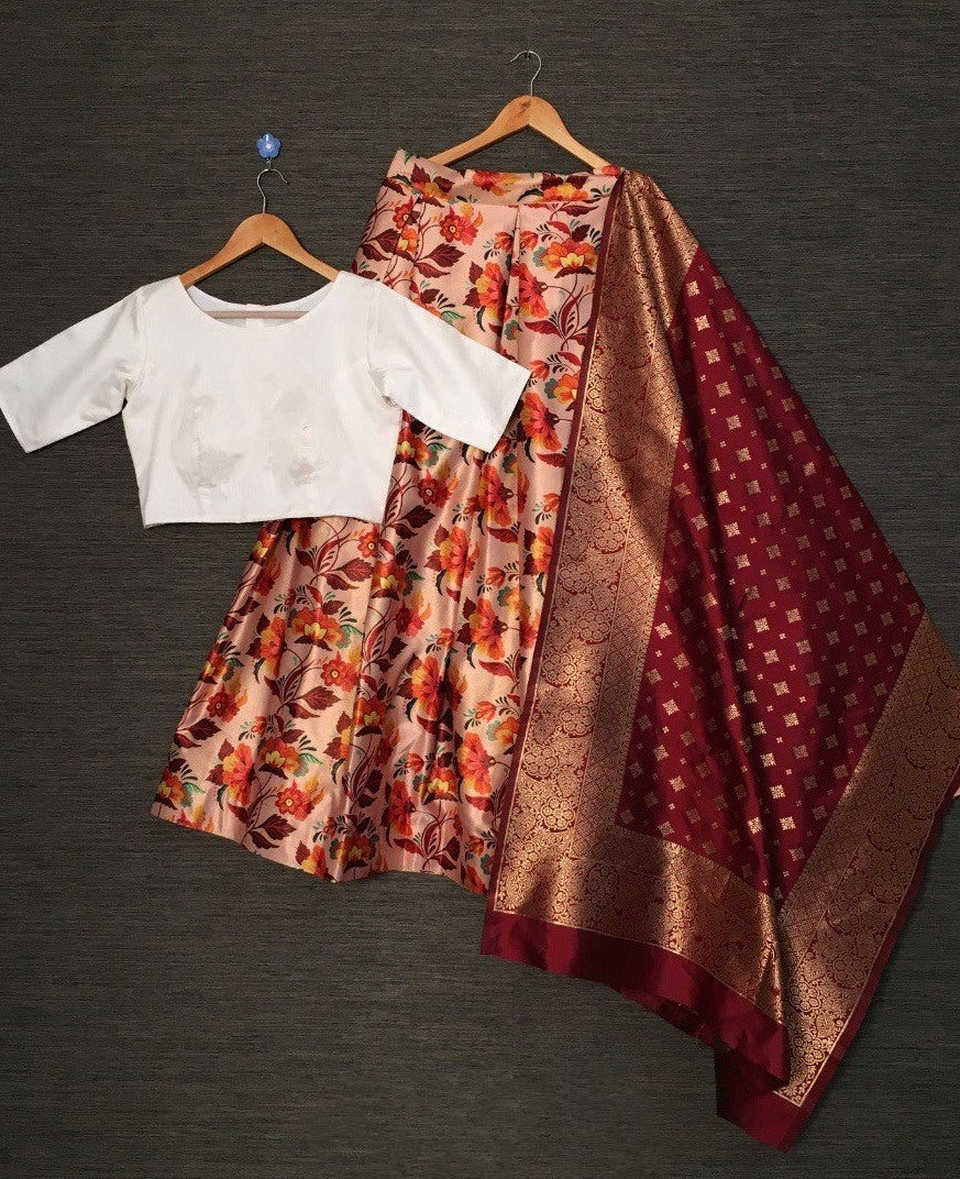 Peach zari satin silk printed lehenga choli with banarasi dupatta