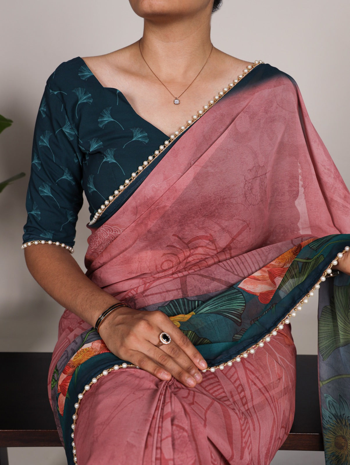 Georgette floral printed pearl lace border stylish saree