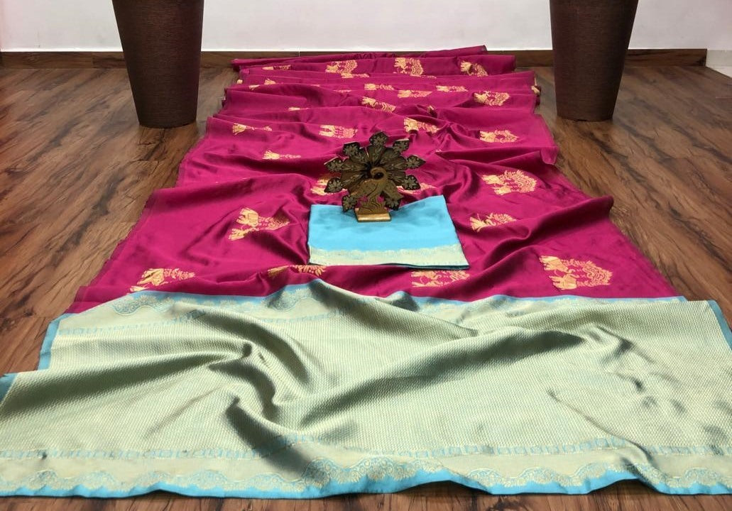 Pink and light green lichi silk jacquard work saree