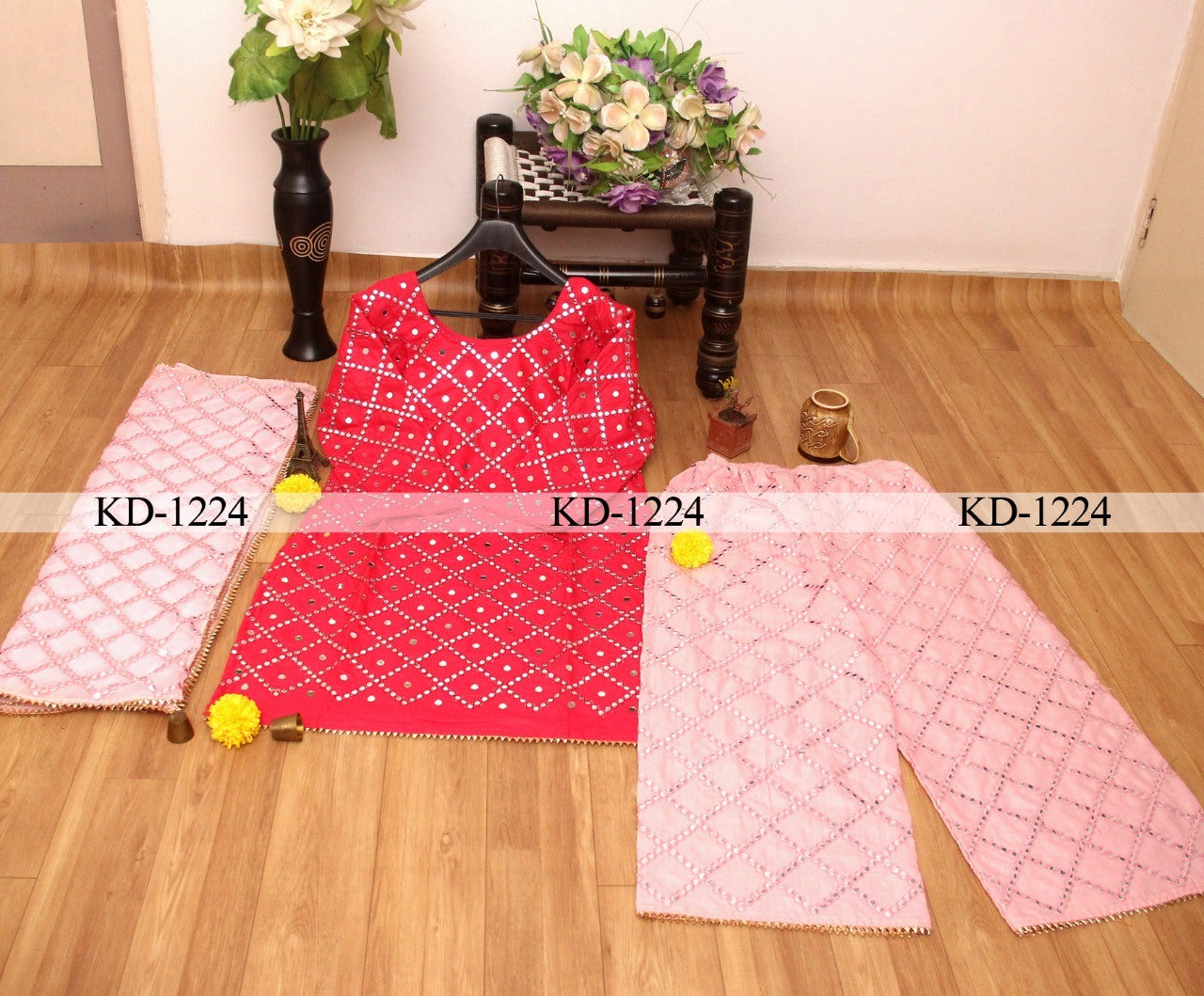 Pink and peach cotton paper mirror work plazzo suit