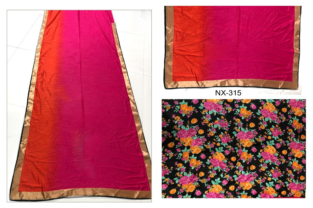 pink and red georgette padding partywear saree with floral printed blouse
