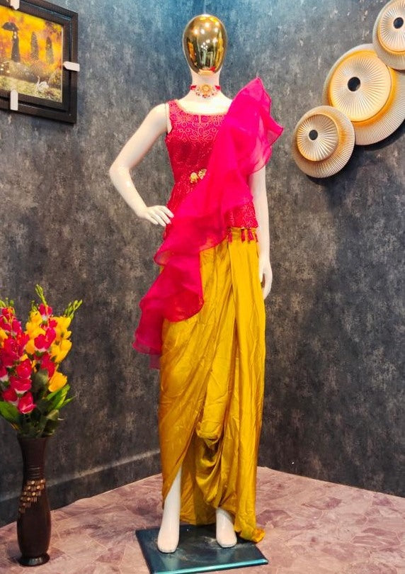 Pink and yellow printed ruffle top dhoti suit