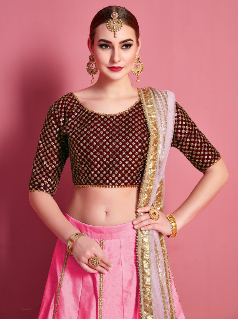 Pink art silk embroidered work Party wear lehenga choli