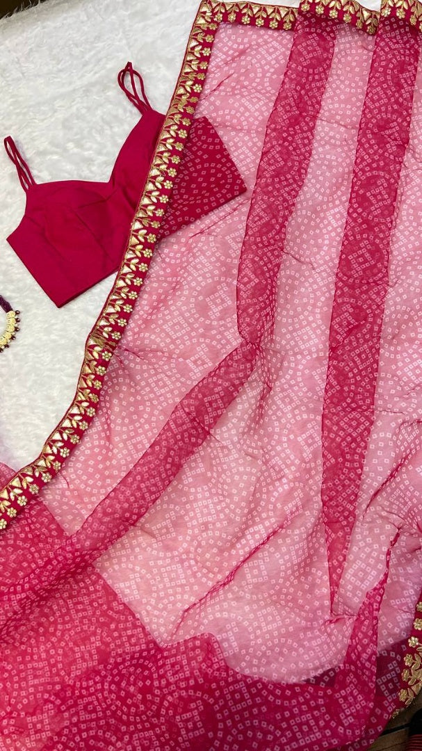 Pink bandhni print organza saree