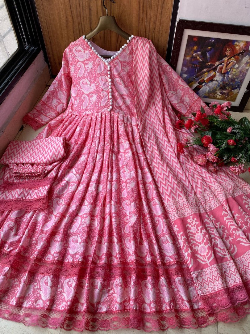 Pink butter silk printed short anarkali suit