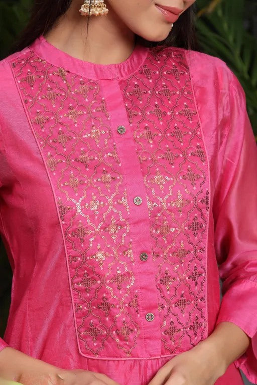 Pink chanderi silk embroidered anarkali kurti