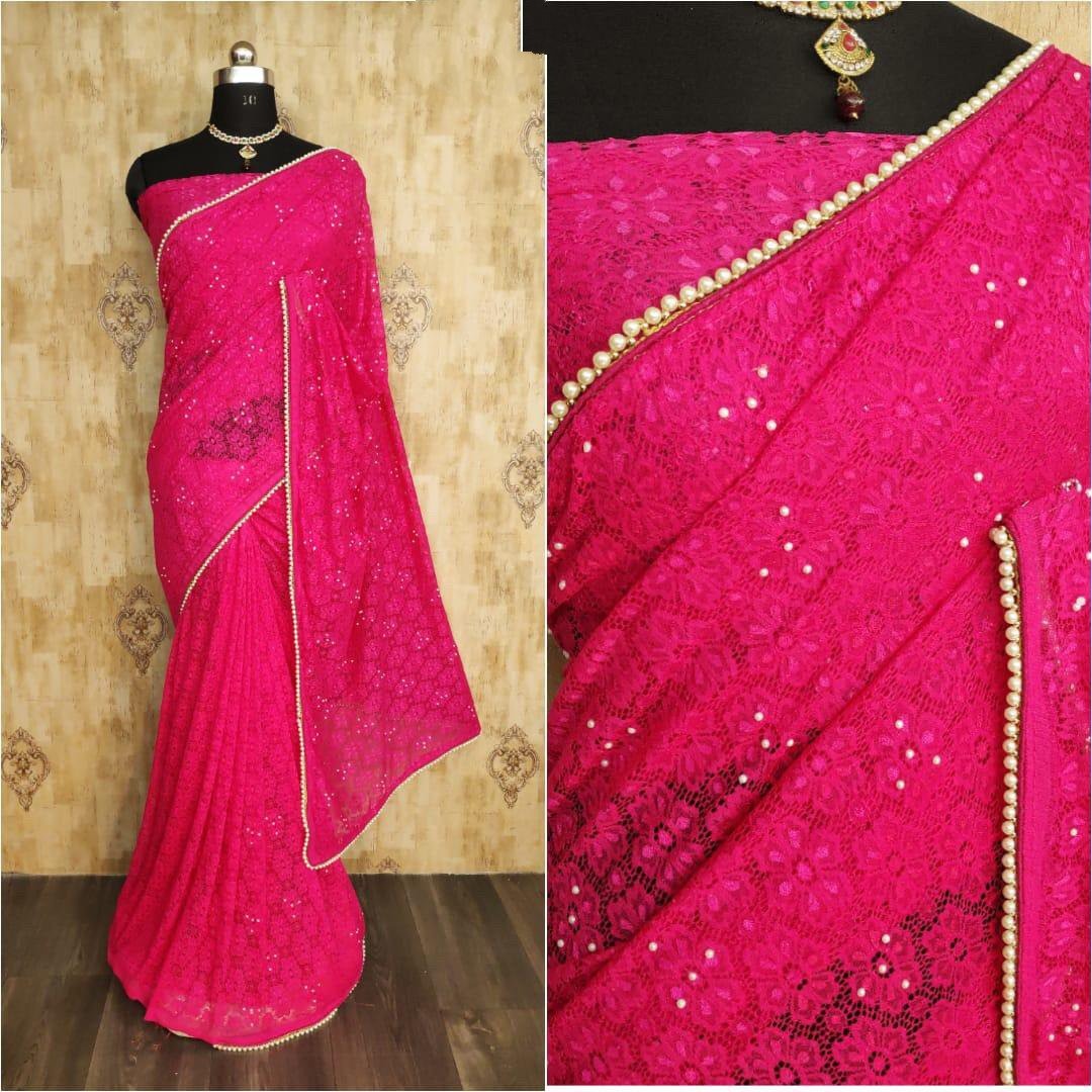 Pink chantley net pearl work partywear saree