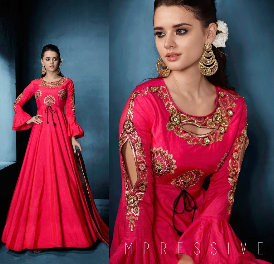 Pink Colored Soft tapeta Silk Zari & Resham Embroidery with Stone and Moti Work Semi Stitched gown