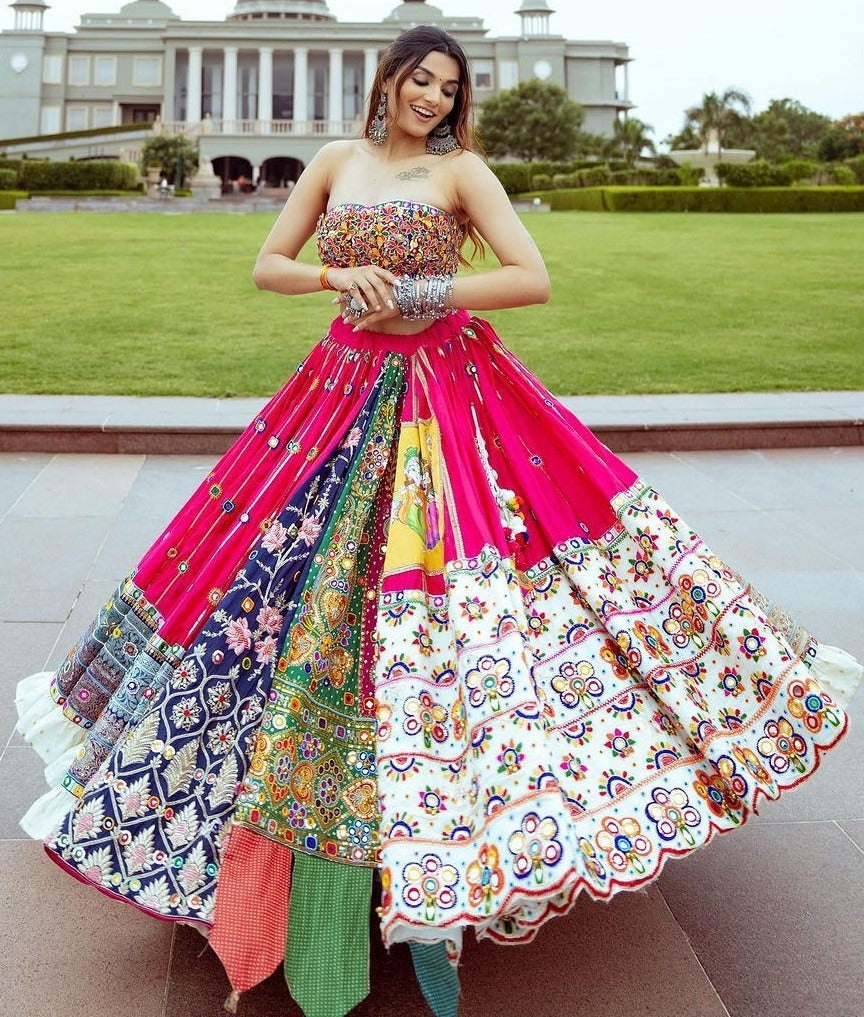 Pink cotton mirror work gujarati garba ghagra navratri lehenga chaniya choli