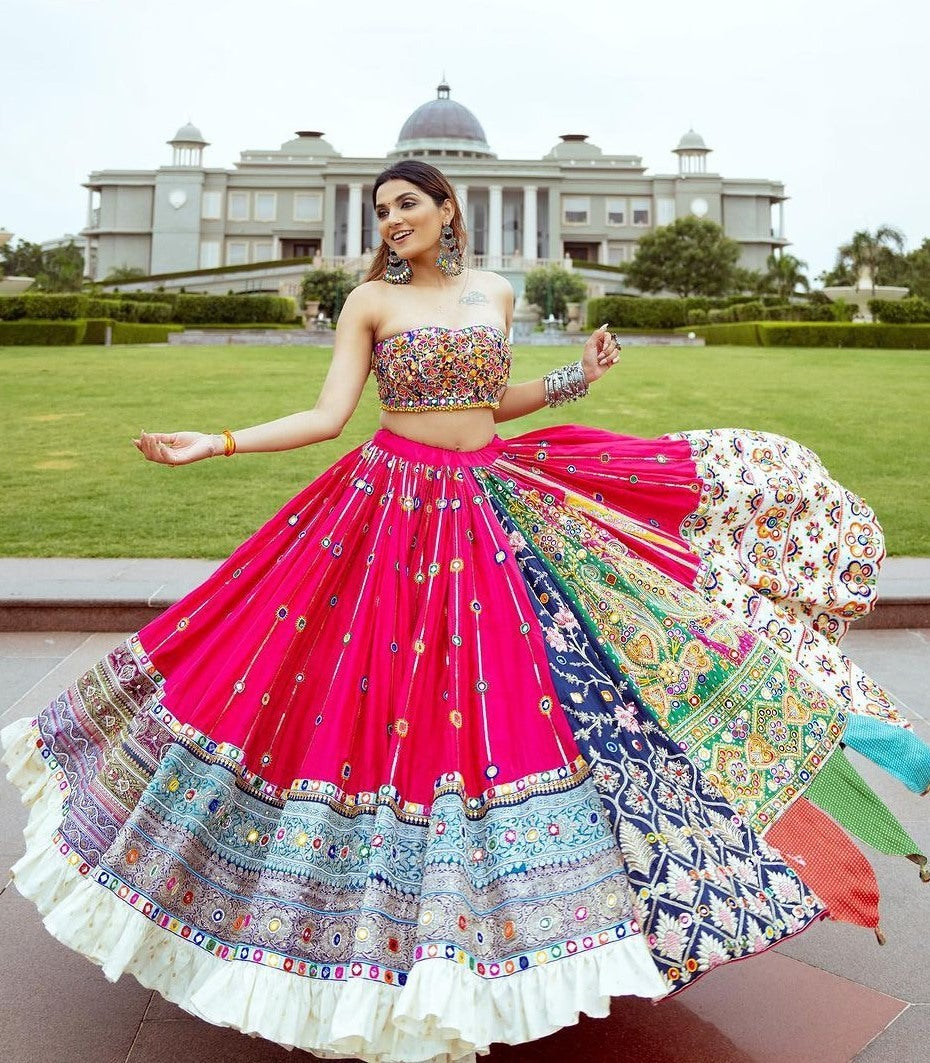 Pink cotton mirror work gujarati garba ghagra navratri lehenga chaniya choli