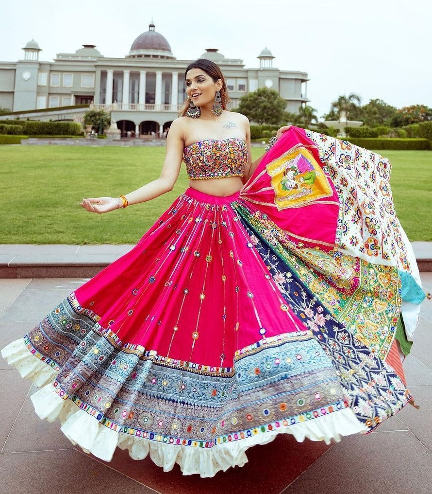 Pink cotton mirror work gujarati garba ghagra navratri lehenga chaniya choli