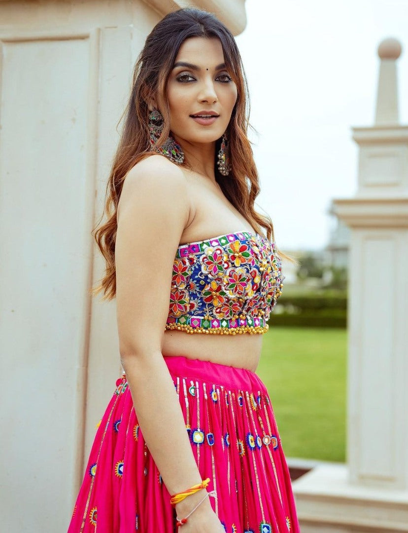 Pink cotton mirror work gujarati garba ghagra navratri lehenga chaniya choli