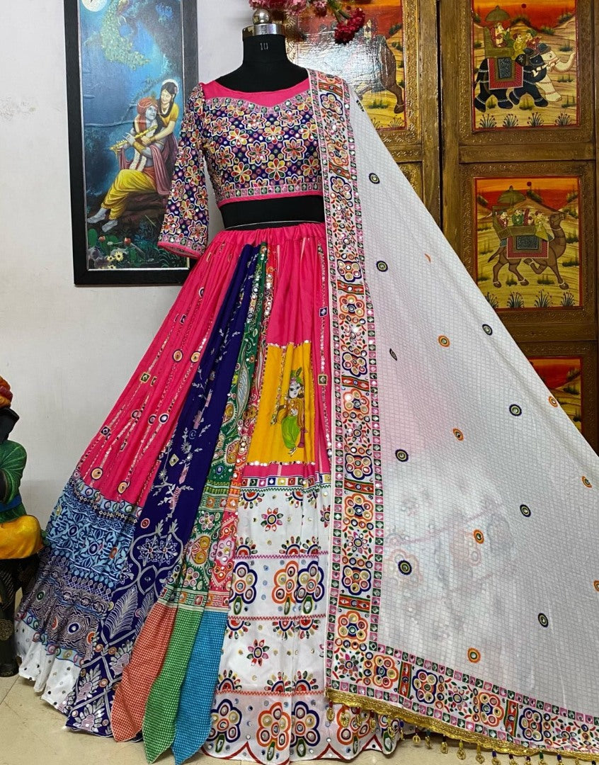 Pink cotton mirror work gujarati garba ghagra navratri lehenga chaniya choli