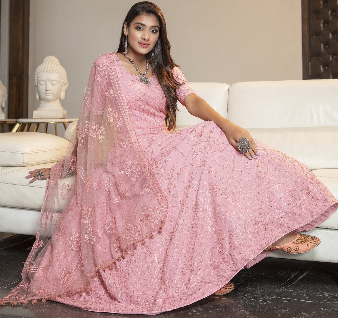 Pink diamond georgette embroidered anarkali gown