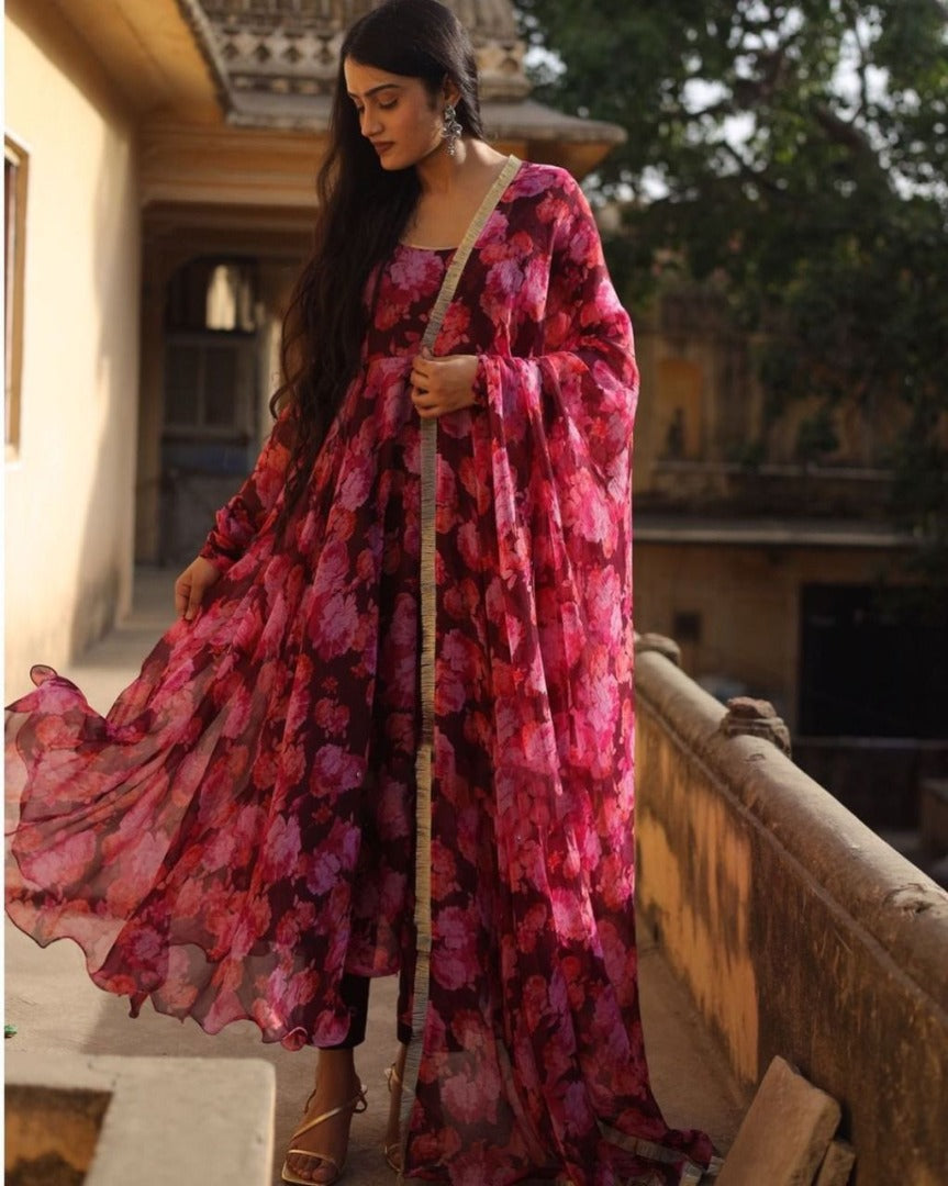 Pink floral printed party wear gown