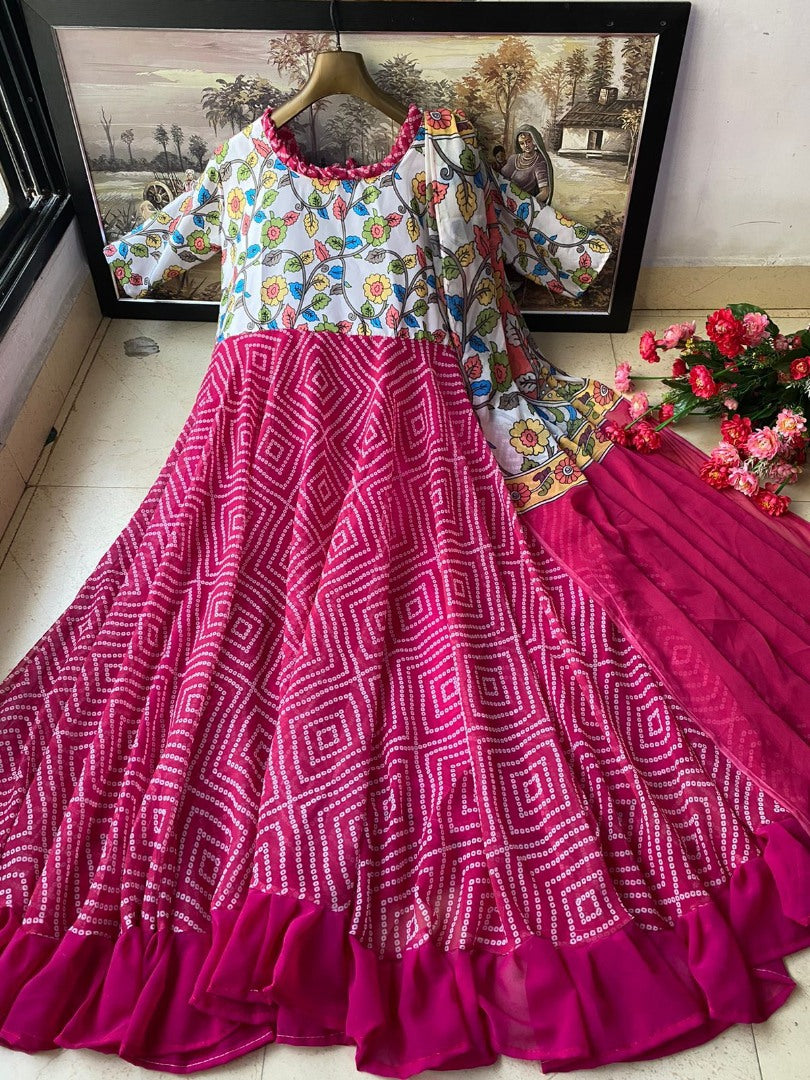 Pink georgette bandhni print long anarkali gown