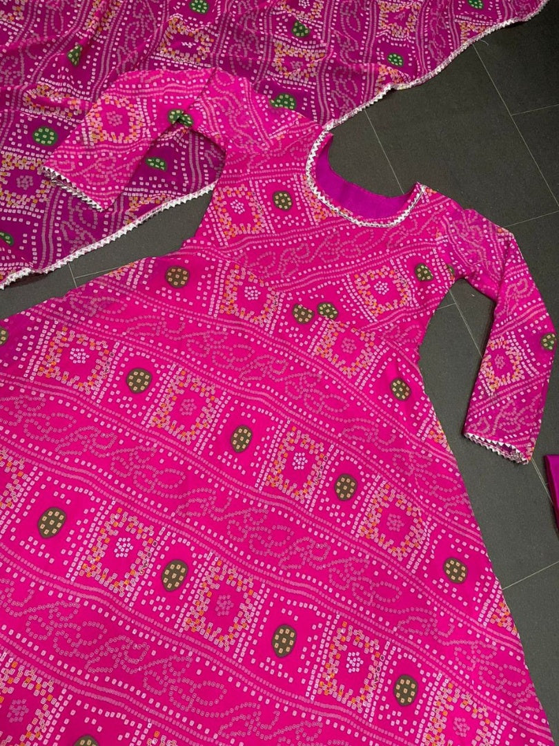 Pink georgette bandhni printed anarkali suit