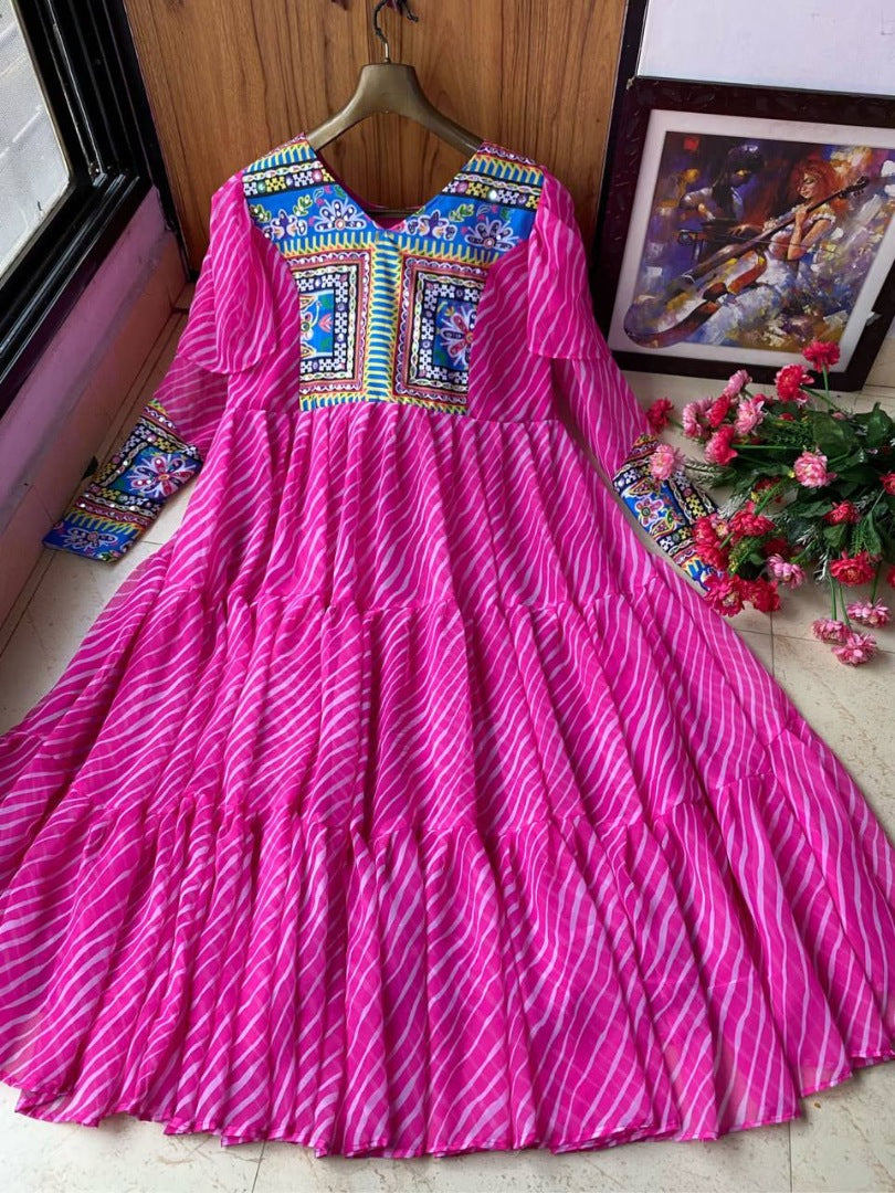 Pink georgette digital printed ruffle layer mirror work long kurti