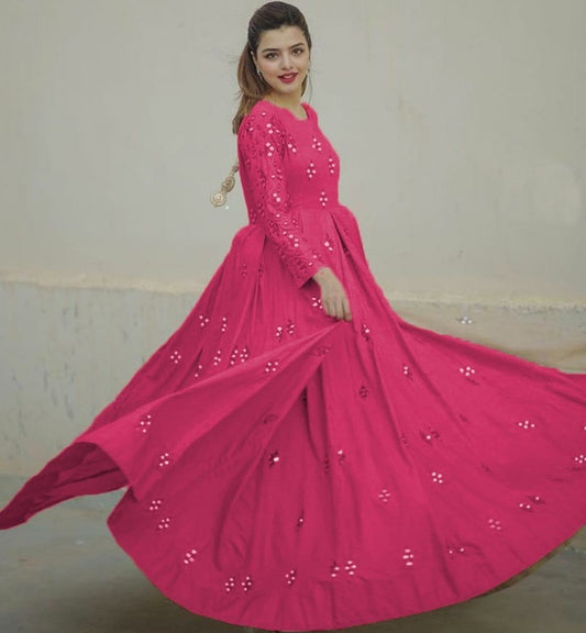 Pink georgette embroidered and mirror work gown