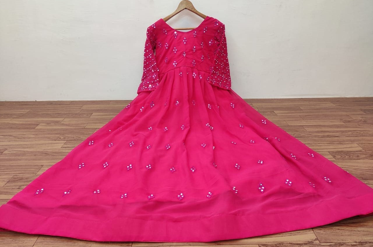 Pink georgette embroidered and mirror work gown