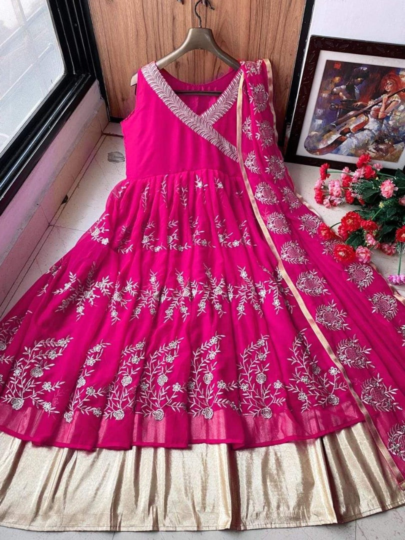 Pink georgette embroidered long ethnic gown