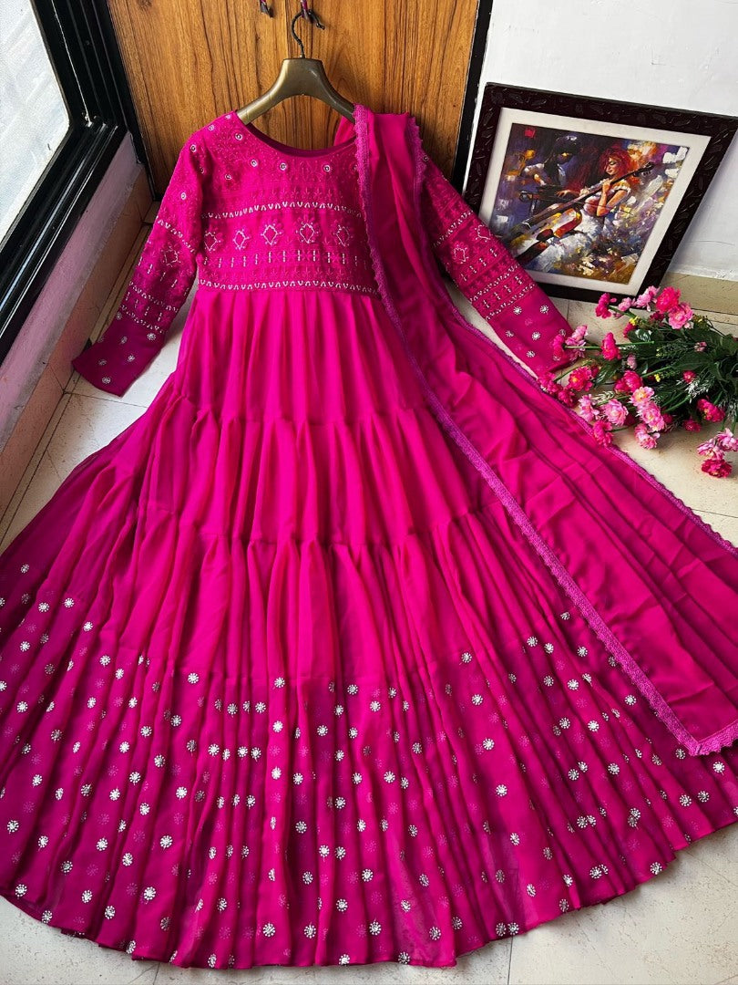 Pink georgette embroidered ruffle layer gown