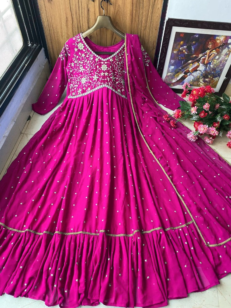 Pink georgette embroidered ruffle layered anarkali suit