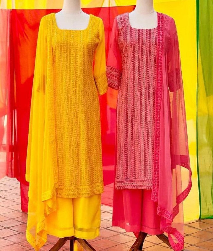 Pink georgette embroidered sequence work plazzo suit