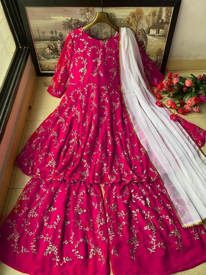 Pink georgette embroidered sharara suit